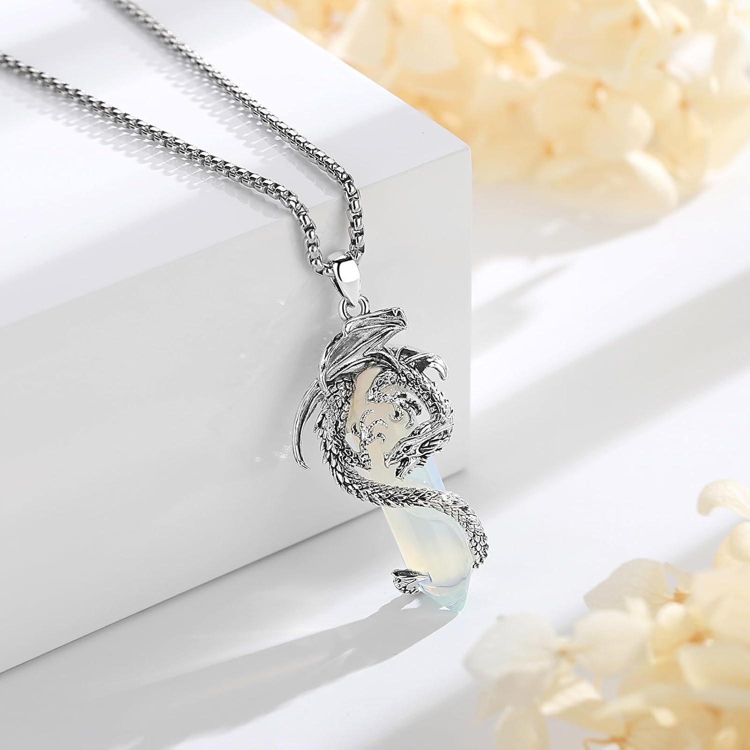 EUDORA Vintage Dragon Necklace with Healing Crystal for Women Men, Silver Plated Copper Viking Dragon Pendant Amulet Energy Gothic Jewelry, Gift for Women Men Dad Mother Mom, Chain 20" +24" - Image 2