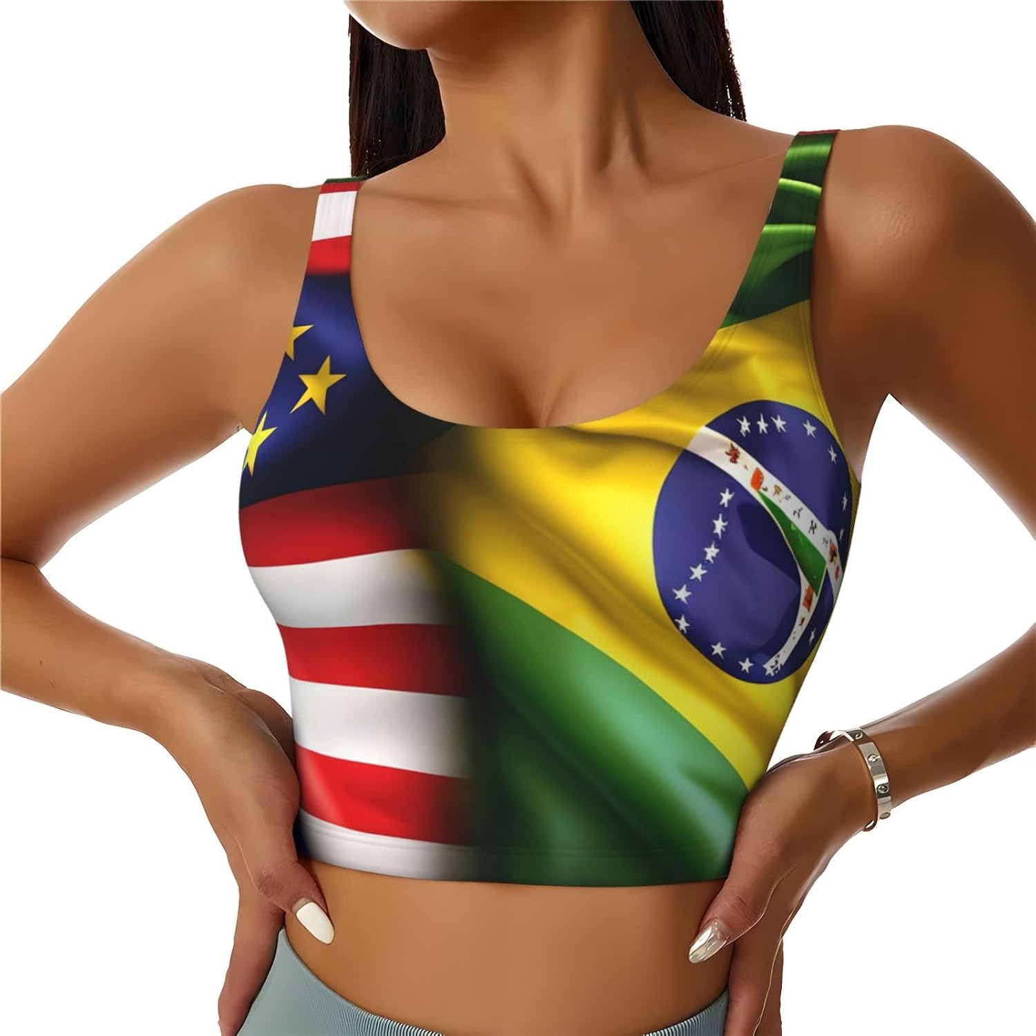 American and Brazilian Flags Print Women's Sports Bra Tank Tops,Longline Sports Bras for Yoga,Workout and Running