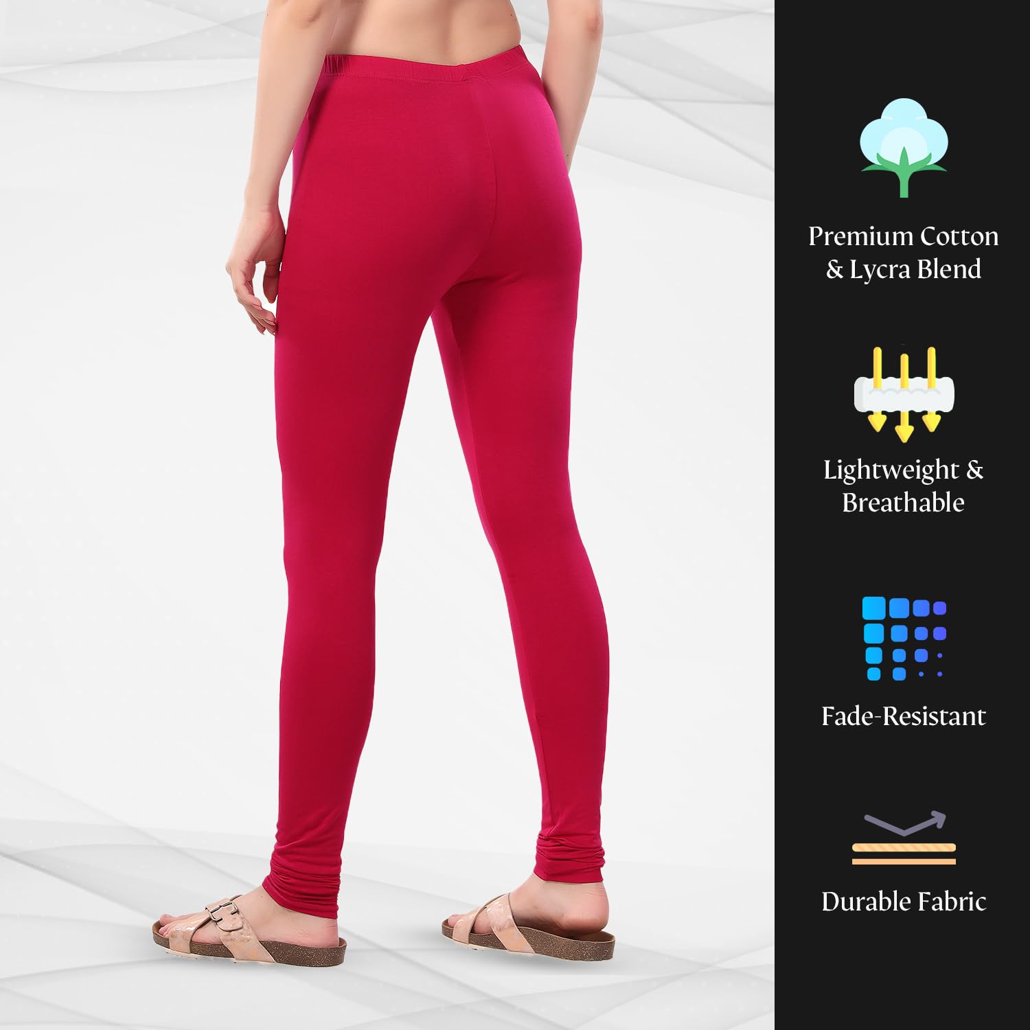 TRASA Ultra Soft Cotton 4 Way Stretchable Solid Regular and Plus Churidar Leggings for Women's and Girls - Size - XL - Dark Pink - Image 4 thumbnail