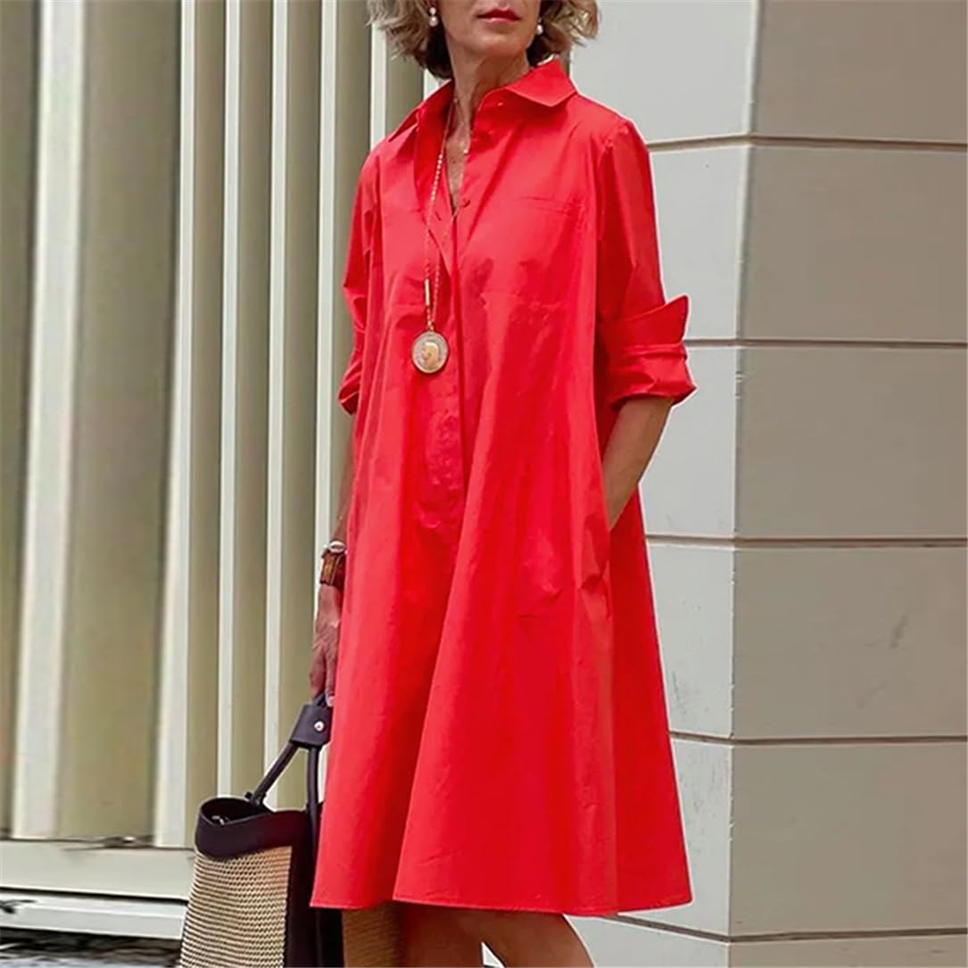 Damska sukienka koszulowa z długim rękawem, jednokolorowa, wywinięty kołnierz, kieszonkowa, streetwear