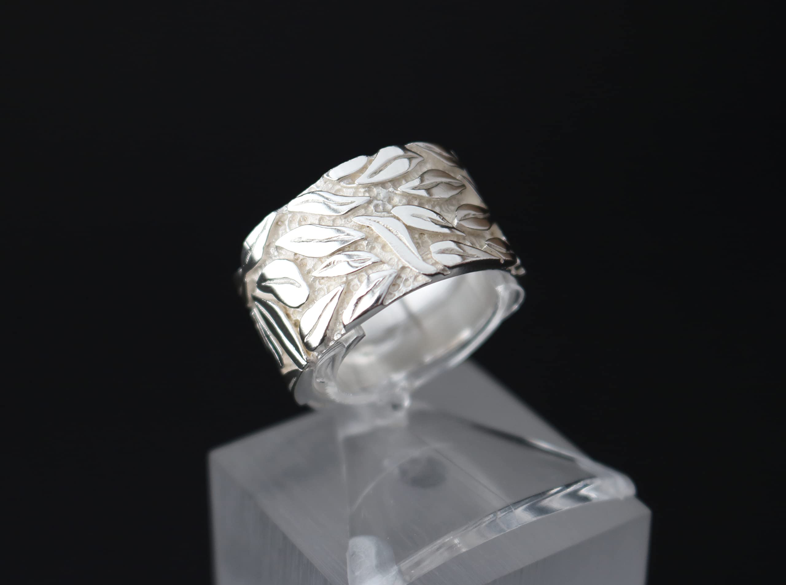 Breiter Silberring für Damen 925er Sterling Silber Bandring Blatt Blättermuster | RG: