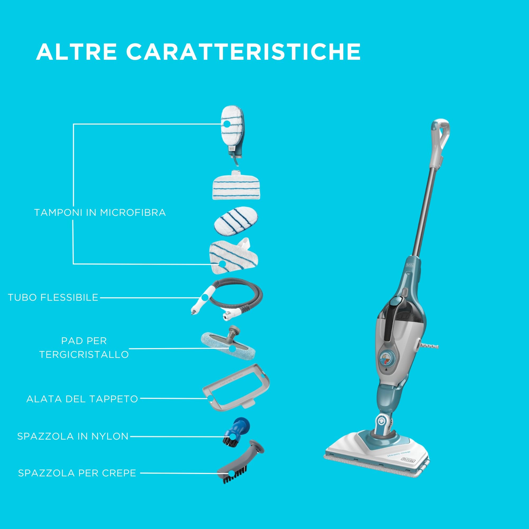 BLACK+DECKER Scopa a vapore 2 in 1 con guanto per la pulizia SteaMitt e 11 accessori, BHSM166DSM-QS