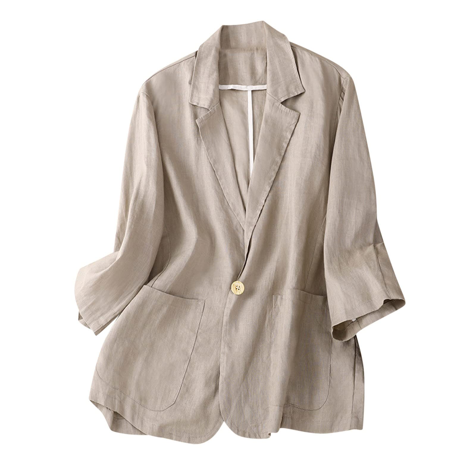 Womens Casual Blazers Cotton Linen One Button Blazer Lapel Collar 3 4 Sleeve Coat Classic Fall Outwear with