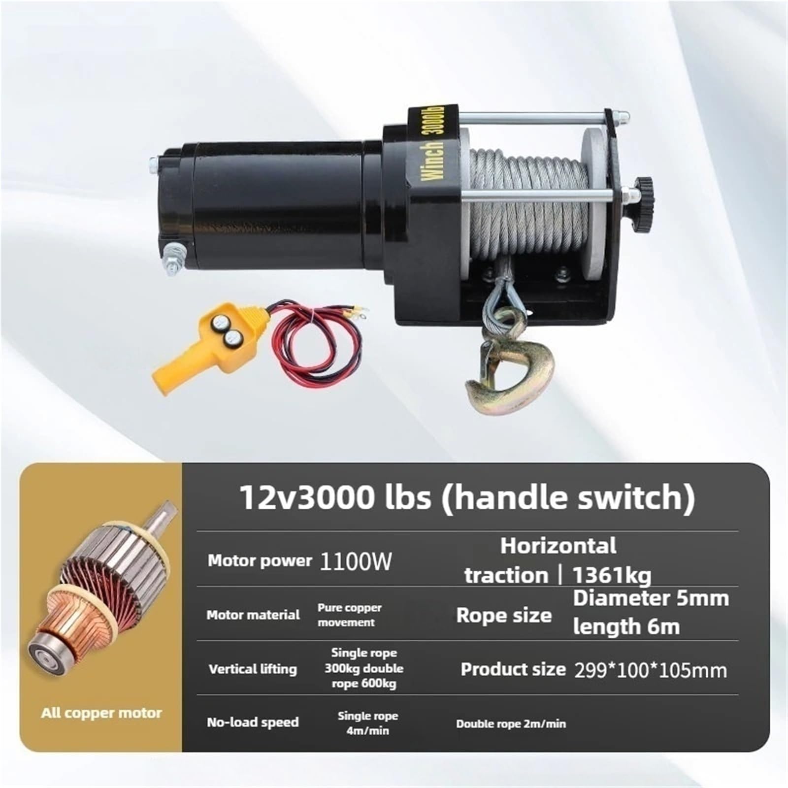 Paranco Elettrico Argani Elettrici Per Auto Fuoristrada Montati Su Veicolo 12v Gru Per Camion Con Trazione Elettrica Multifunzione Verricello Elettrico(A 12V-3000LBS)