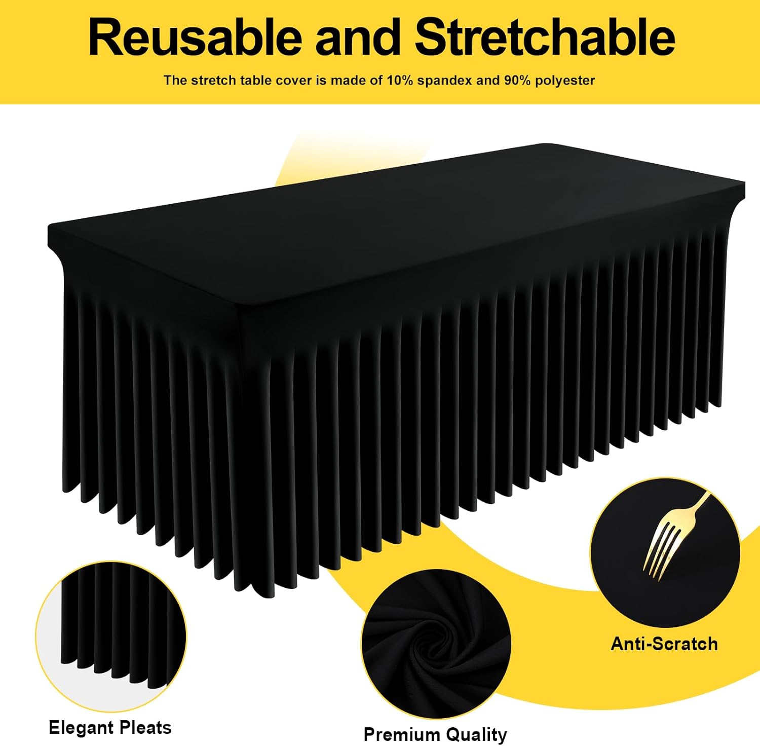 Smiry Spandex Tablecloth, Elastic Fitted Stretch Tablecloth for 8FT Rectangle Tables, Waterproof Washable Table Cover Skirt for Outdoor, Wedding, Banquet & Parties (Black, 96Lx30Wx30H Inch)