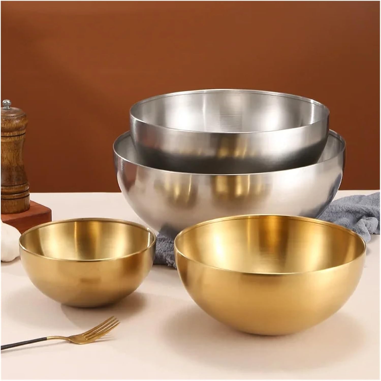 Stainless steel bowl Stainless Steel Fruit Salad Bowls 15cm/20cm/25cm Soup Rice Noodle Ramen Bowl Mixing Food Container Kitchen Tableware(Silver 15cm)