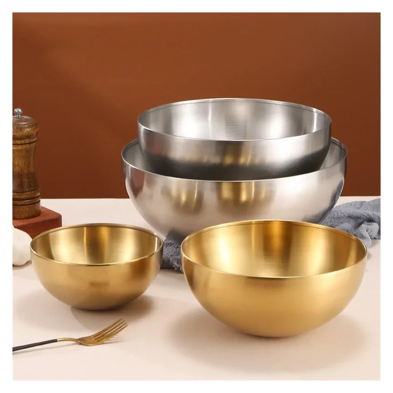 Tazón de acero inoxidable, 15cm, 20cm, 25cm, ensalada frutas, sopa, arroz, fideos, Ramen, recipiente for mezclar alimentos, vajilla cocina(Silver 25cm)
