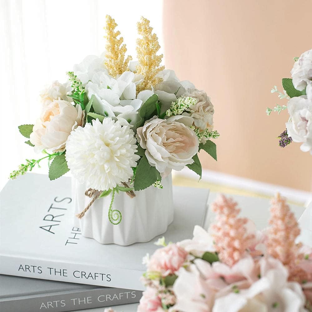 KIRIFLY Fake Artificial Flowers in Vase Faux Peony Silk Hydrangea Flower Centerpieces Décor for Wedding Table Decoration(White in Ceramic)