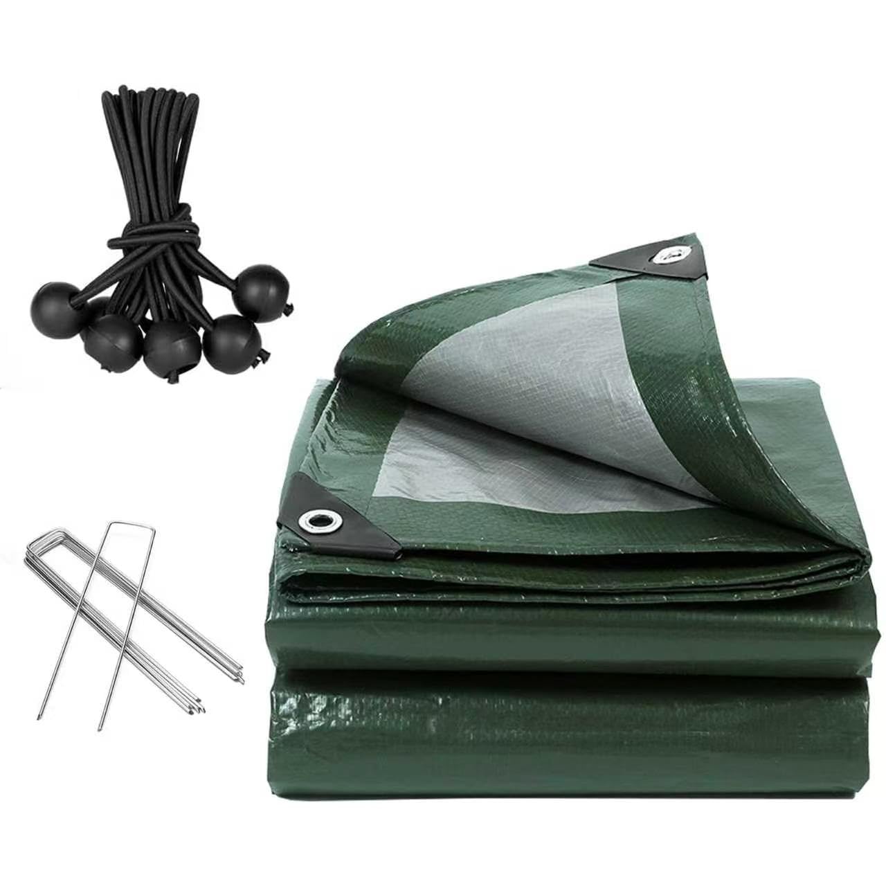 130GSM Waterproof Heavy Duty Tarpaulin, 3x4m Large Green PE Sheet, UV & Tear Resistant with Reinforced Eyelets, Includes 8 Bungee Balls & Stakes, Protective Cover for Car, Pool, Garden, Camping