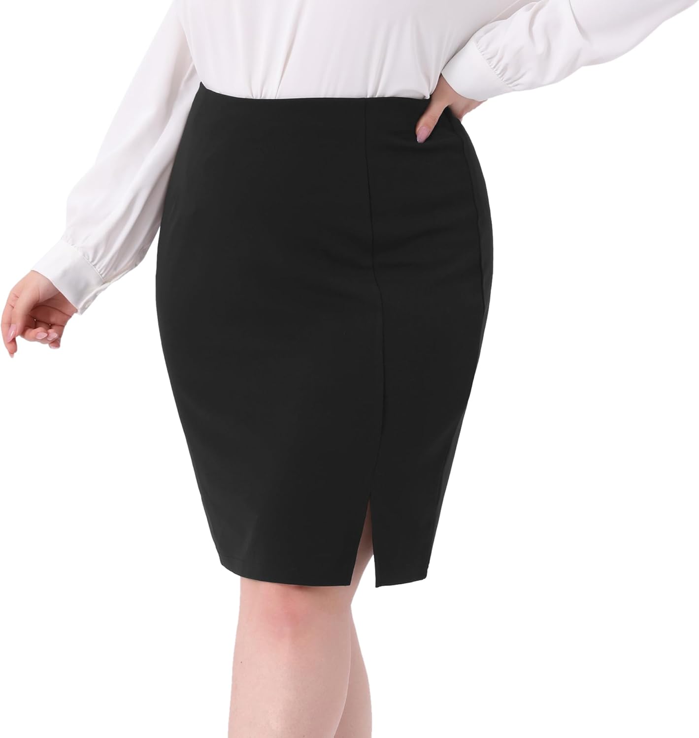 Agnes Orinda Womens Plus Size Pencil Skirt Knee Length High Waisted Stretchy Formal Business Work Skirt with Slit - Image 2