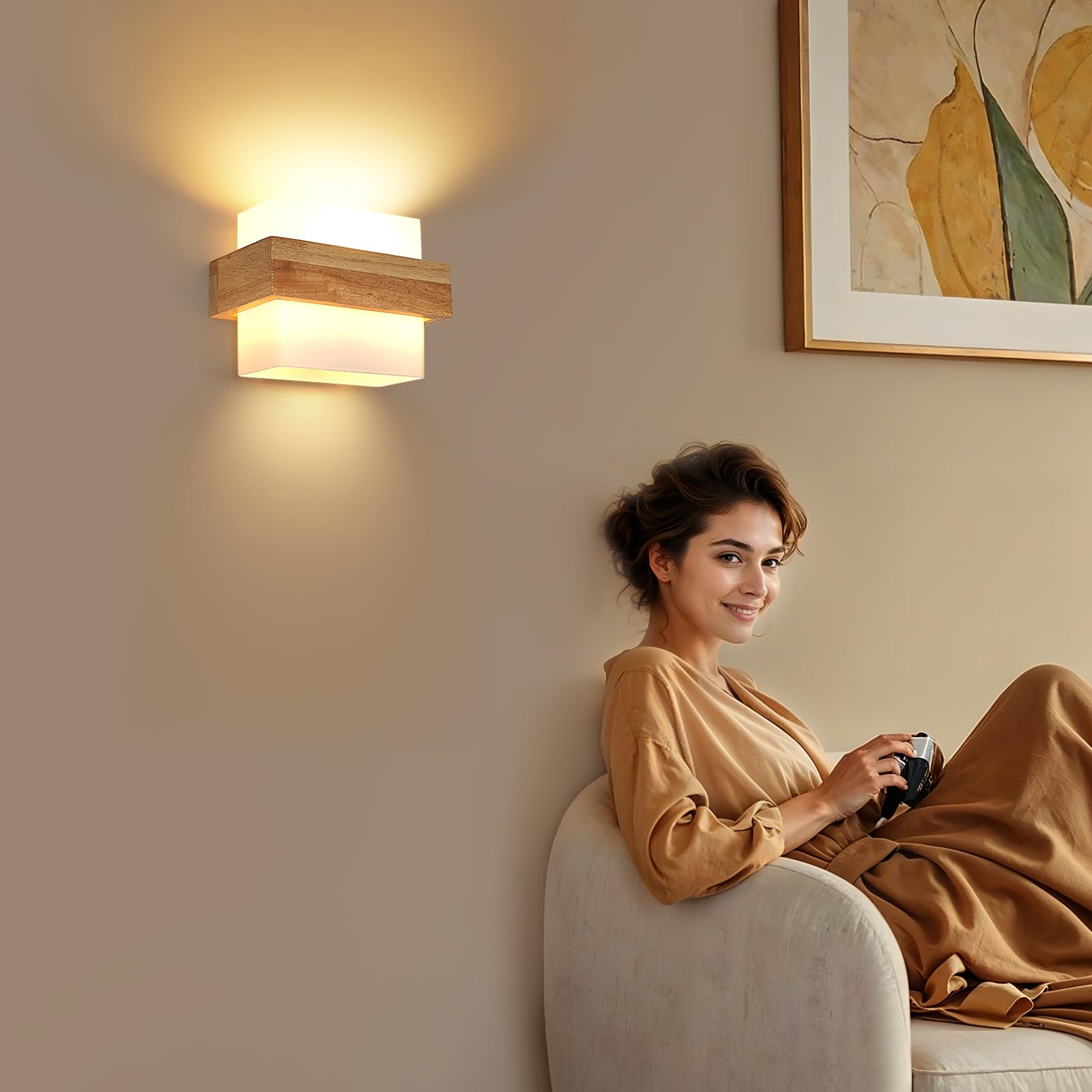 DELIPOP Wandleuchte Innen Holz, Dimmbare Wandlampe mit 12W Glühbirne | Vintage Wandbeleuchtung für Wohnzimmer Schlafzimmer Flur Treppen