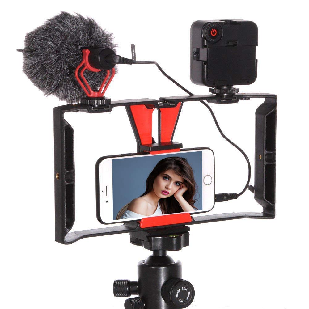 Smartphone Video Rig, Mount Cage Hand Grip Stabilizer, Mini 49 LED Light, On-Camera Microphone Kit, Videomaker Film-Maker Video-grapher, For iPhone Xs XS Max XR iPhone X 8 Plus Samsung (4in -7in)