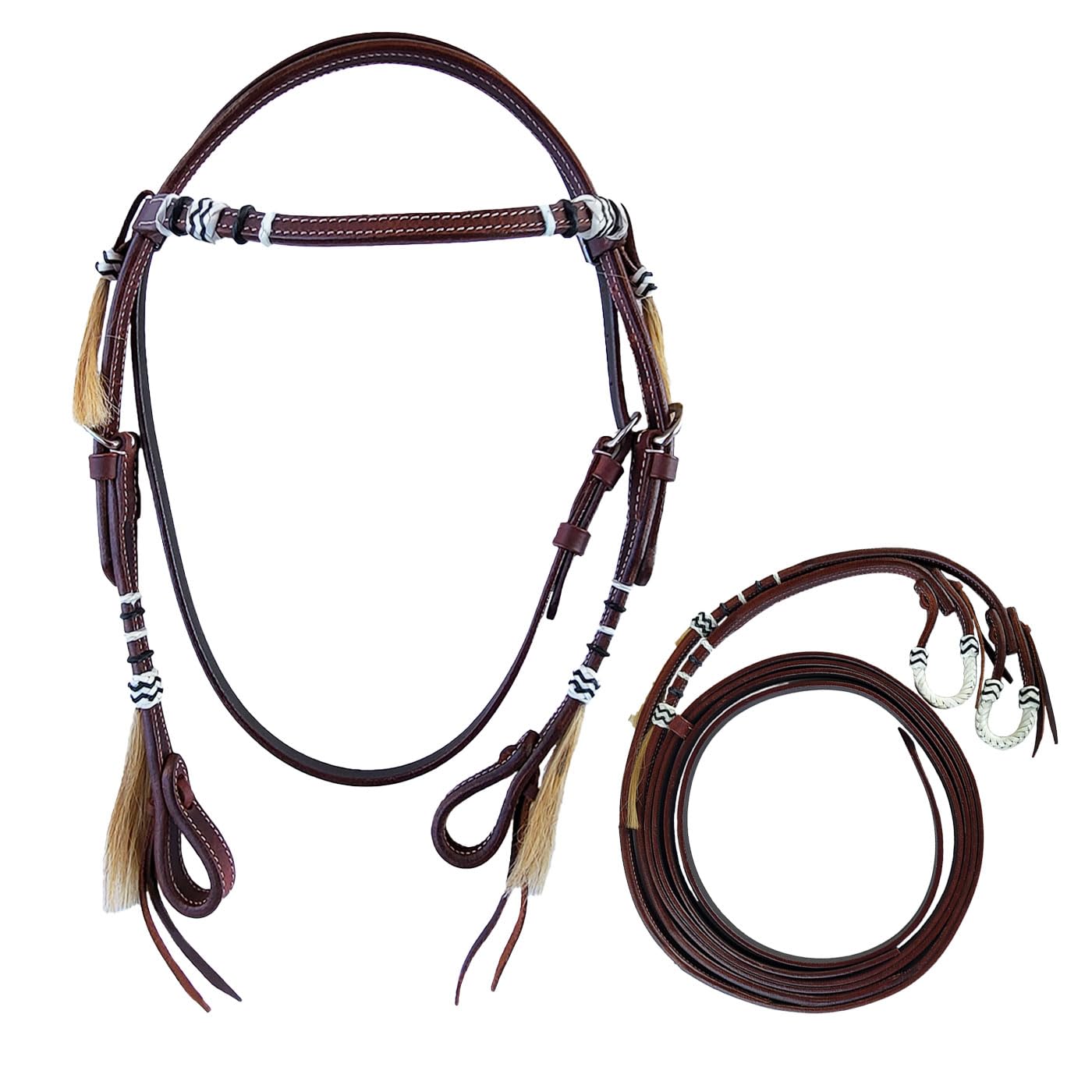 Brama West Western-trense "Wyatt" – Elegante scocca in pelle dal classico stile western – con cuciture bianche a contrasto, decorazioni Rawhide e nappe per capelli di cavalli – marrone, con pale (Cob)