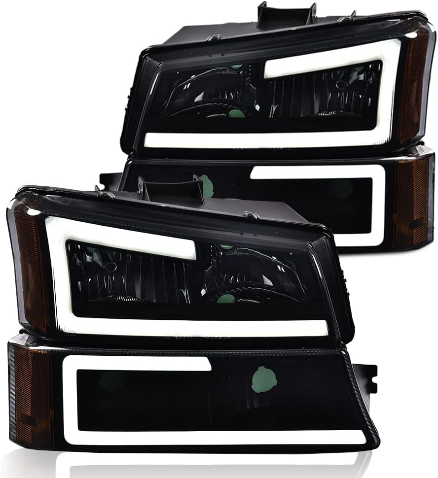 Headlights Assembly For 2003 2004 2005 2006 Chevy Silverado 1500 2500, 03-06 Avalanche (Non Body Cladding Models) Headlamp With Bumper Lights, Black Hoing Amber Side - Foto 12