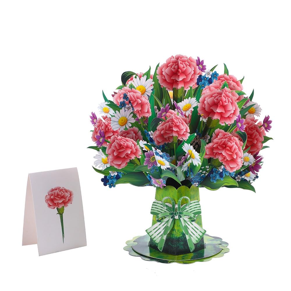 Pop Up Paper Flowers Greeting Card, 3D Carnation Bouquet, Birthday Gifts for Mum Grandma Wife Daughter Girlfriend Sister