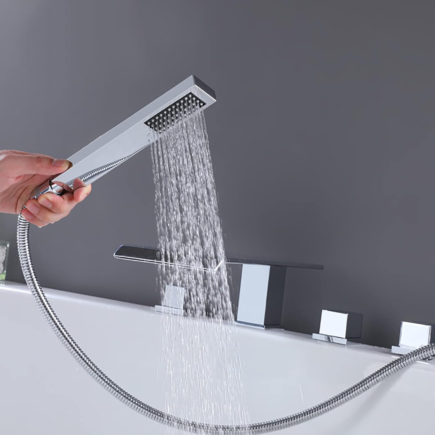 Bathtub Faucet Waterfall, Tub Filler Brass Bath Mixer Tap Deck-Mounted with Handheld Shower and, 3 Handles 5 Holes,Chrome(Chrome)