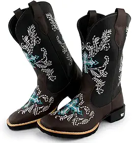 Bota Texana Feminina Couro Country Bico Quadrado Café Azul 10000