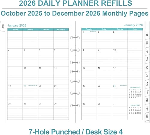 Vista 3 de 2026 Planner Refills - One Page Per Day Daily ＆ Monthly Planner, January 2026-December 2026, 7-Hole Punched，Prioritized, To-Do List, Notes