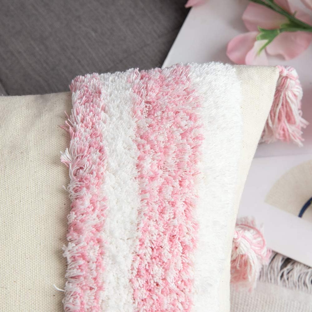 MIULEE Boho Decorative Throw Pillow Cover Tufted Woven Tribal Pillowcase with Tassels Farmhouse Square Pillow Case Modern Outdoor for Sofa Cushion Couch Bedroom Living Room 20x20 Inch Pink