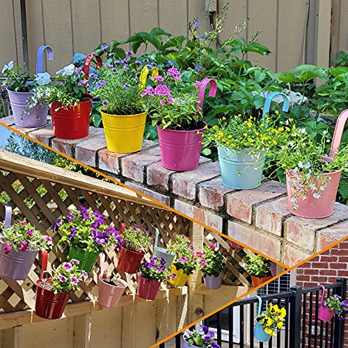 Lovous® 6.3" X 4.7" X 5.3" Large Iron Hanging Planters Multicolor Flower Pots Balcony Garden Railing Planter, Fence Hanging Metal Bucket Plants Holders Set For Indoor And Outdoor, 8Pcs #TOP1