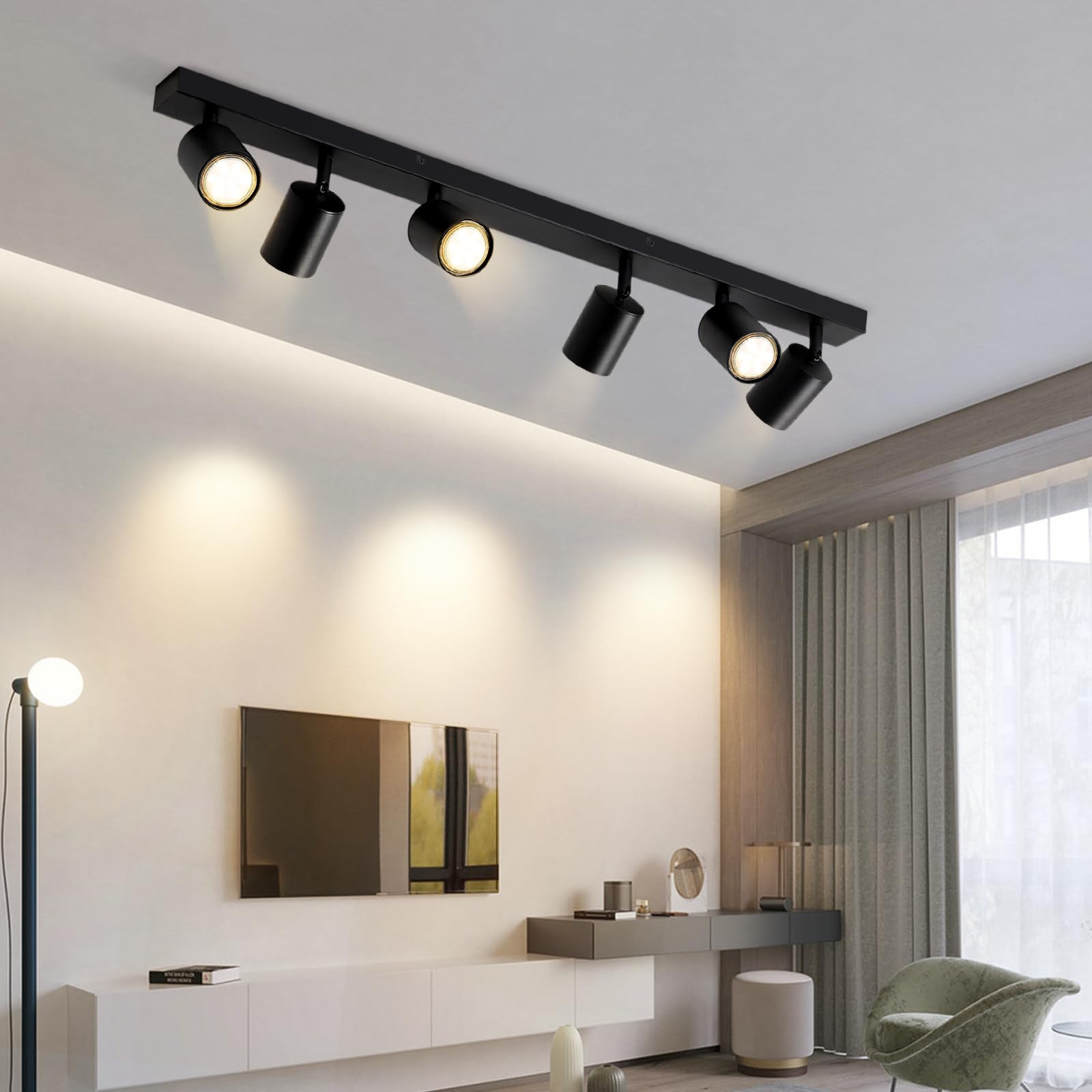 Glitzerlife reflektor sufitowy LED 6-płomieniowy - lampa sufitowa czarna GU10 obrotowy 350° długi nowoczesny reflektor sufitowy lampa kuchenna salon sypialnia korytarz MAX.25W bez żarówki