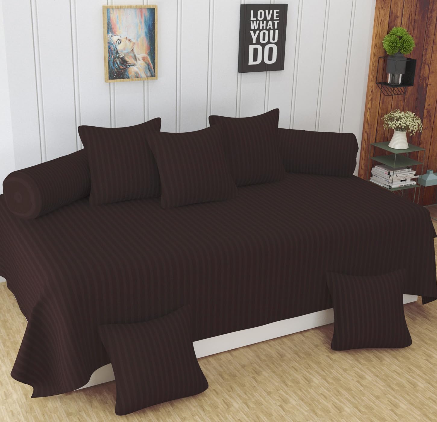 Homefab India 160 TC Stripe Glace Cotton Diwan Set - 8 Piece - Brown