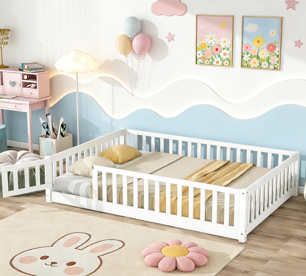 bellemave full size floor bed for kids, girls, boys, rubber wood floor bed with slats and door/rails/fence, white