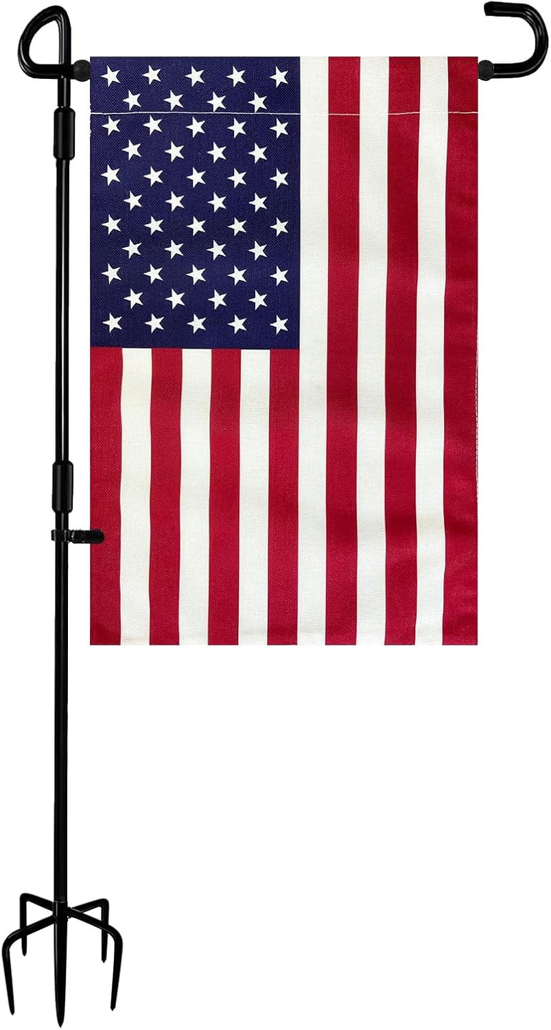 TOPFLAGS Garden Flag Stand with American Flag Garden Flag Heavy Duty Metal Yard Flag Holder Pole Stake Small Flag Stands for Garden Flags 12 x 18 with Clips and Stopper American Garden Flag with Heavy Stand