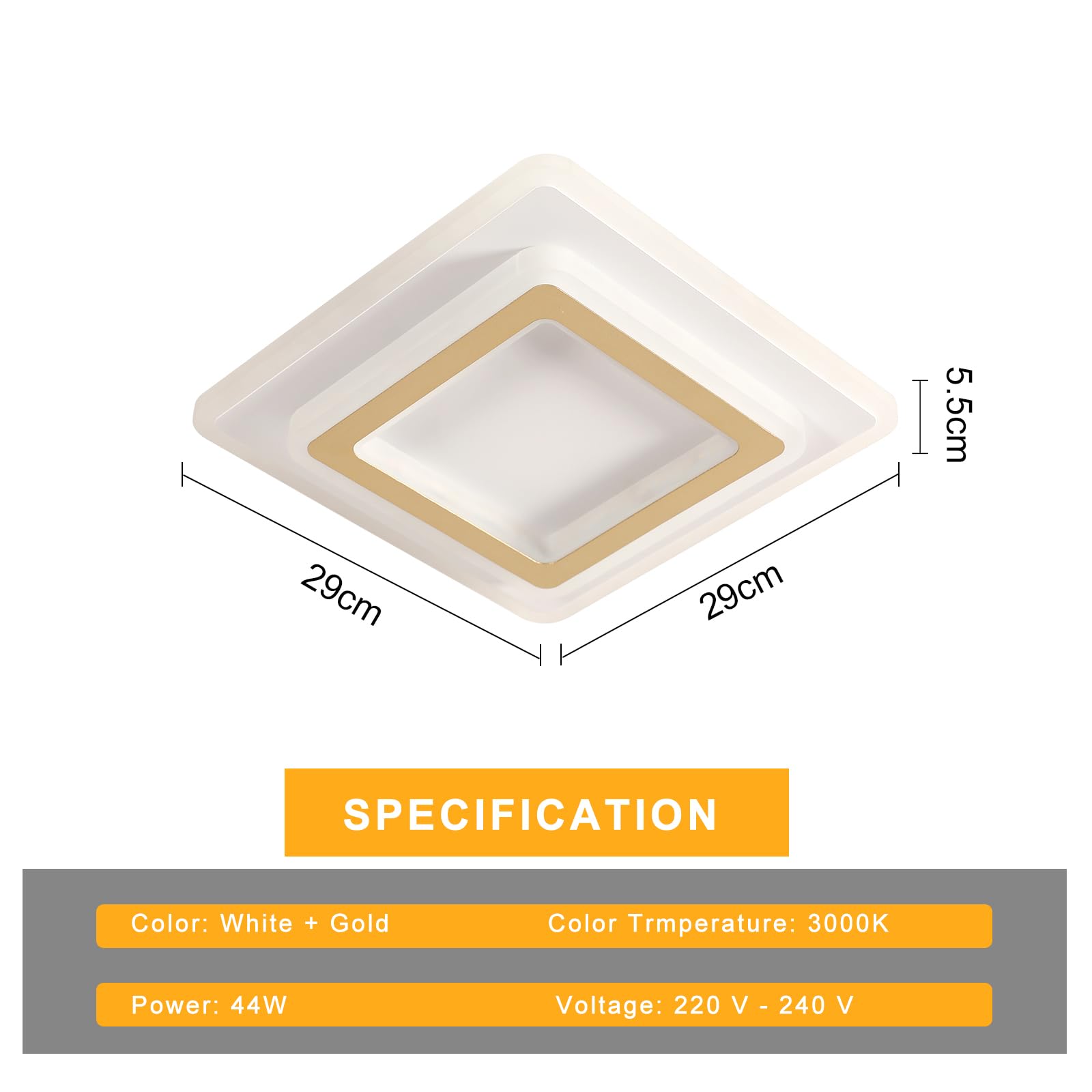 Goeco Plafoniera LED Soffitto Moderna Oro, 44W Lampada da soffitto Quadrata, 3000K Bianca Caldo Plafoniera in Acrilico per Soggiorno, Camera da Letto, Cucina, Corridoio, 29CM