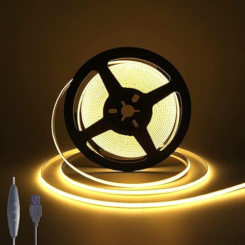 XUNATA Tira LED COB de 19.7 in, USB 5 V 320 LEDsM, tira de LED flexible regulable de 3500 K, banda LED COB blanca cálida, no impermeable, tira de