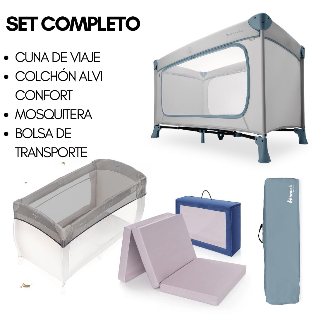 hauck Dream n Play Plus Set de Cuna de Viaje Bebe con Colchon y Mosquitera | Parque Infantil - Desde el Nacimiento con Bolsa - 120x60 cm - Dusty Blue
