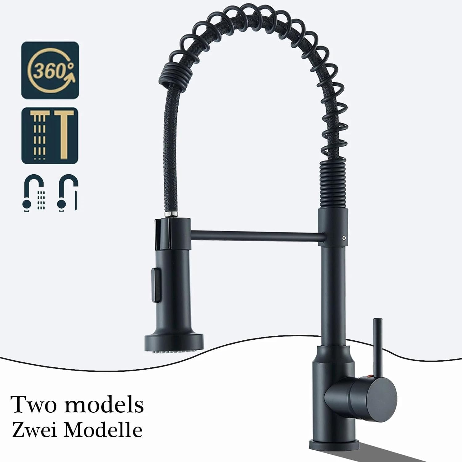 Wasserhahn Küche Niederdruck Schwarz Küchenarmatur Niederdruckarmatur mit 2 Sprühfunktionen 360° Drehbar mit 3 Schläuche Kaltem und Heißem Wasser Vorhanden
