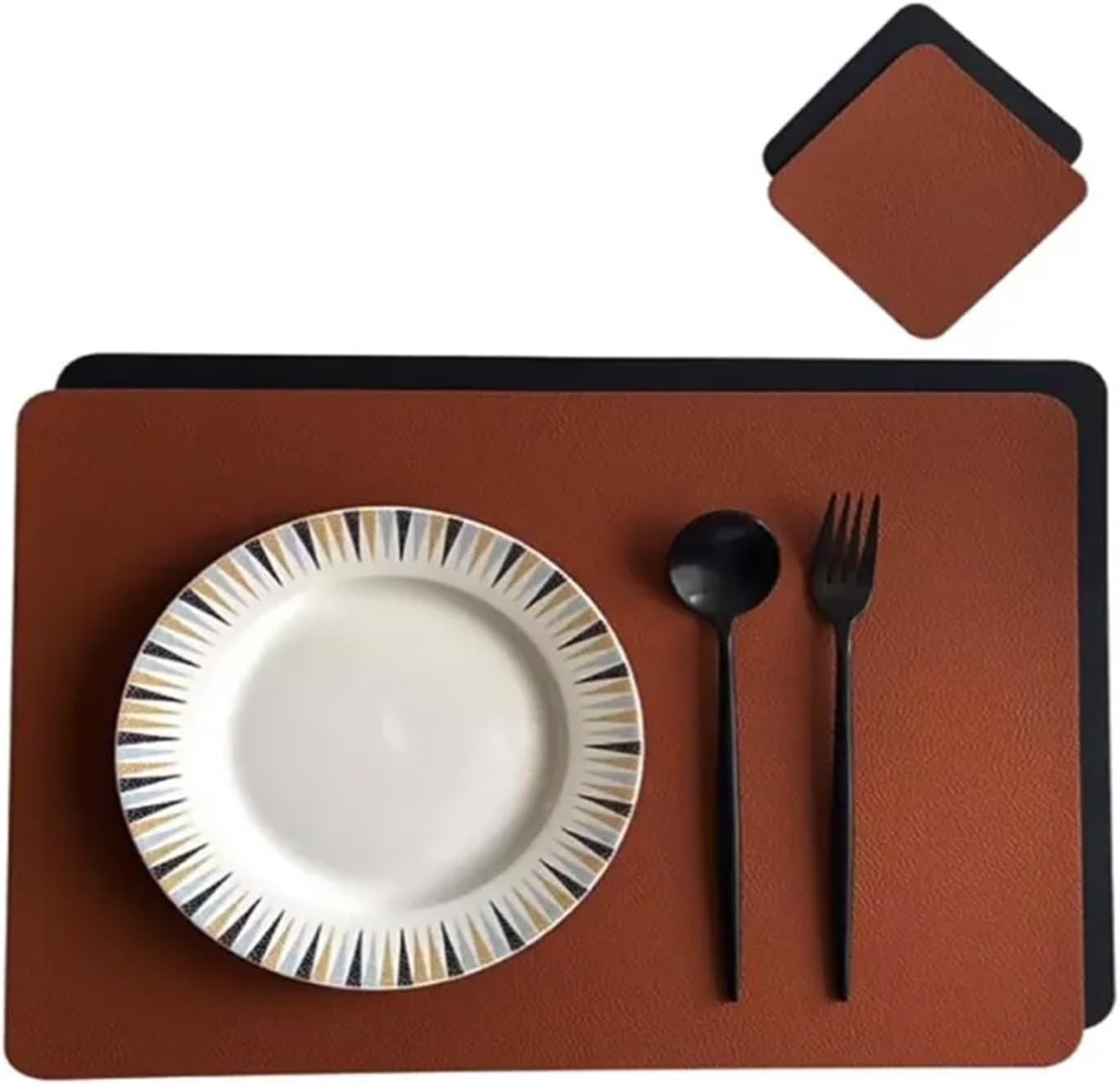 Square Placemats and Coasters Pink Grey Double-Layer Gift Table Dining Place Mat,Oil Non-Slip Place Mats(DP Brown Black,6sets)