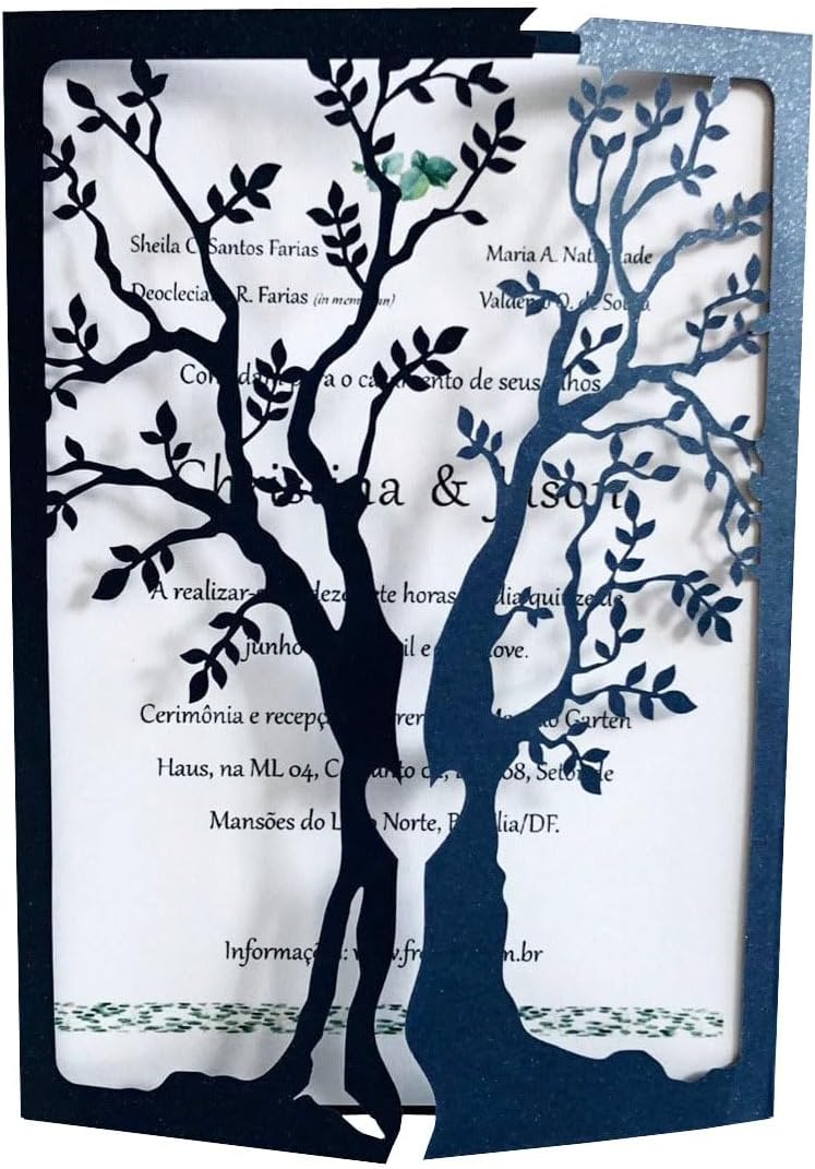 50Pcs Heart Tree Wedding Invitations Jacket, Vintage Invitations Cards, Metallic Paper Laser Cut Invitation (White)