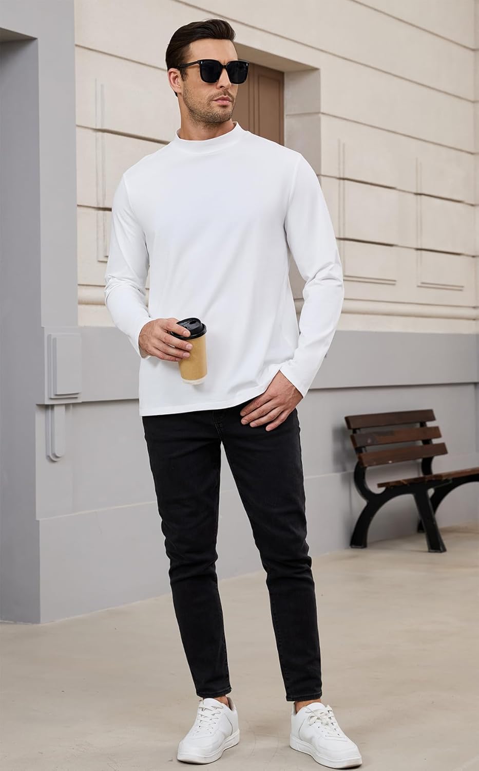 Men's Casual Cotton Mock Turtleneck Long Sleeve T-Shirts Solid Pullover Basic Lightweight Tee Tops White S - Image 4