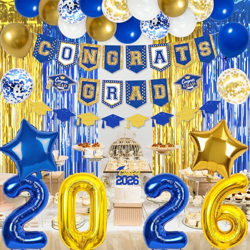 Trgowaul Class of 2026 Blue Gold Graduation Decorations, Congrats Grad Graduation Banner, Fringe Curtains, Class of 2026 Cake Topper and Latex Balloons, College High School Graduation Party Supplies by Trgowaul - Used condition - Image 8