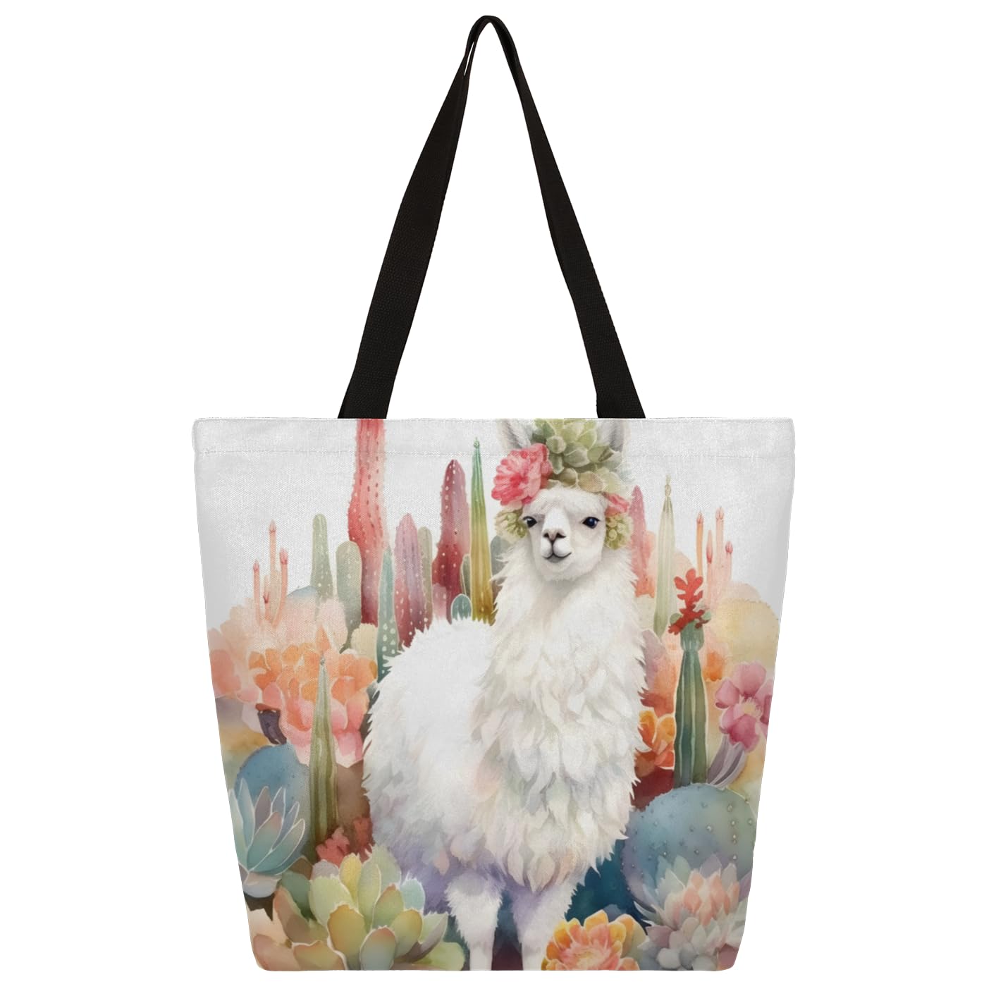 Mularoka Alpaca Cactus Watercolor Large Capacity Canvas Tote Bag Stylish Handheld Shoulder Bag Reusable Shopping Bag for Work Travel Beach Trips Shopping