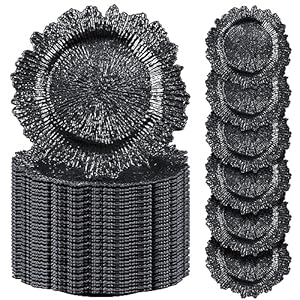 100 Pcs Reef Charger Plates Bulk 13 Inch Plastic Wedding Chargers Decor Floral Decorative Charger Plates Metallic Ruffled Rim Charger Plates for Wedding Party, Holiday Event Supplies (Black)