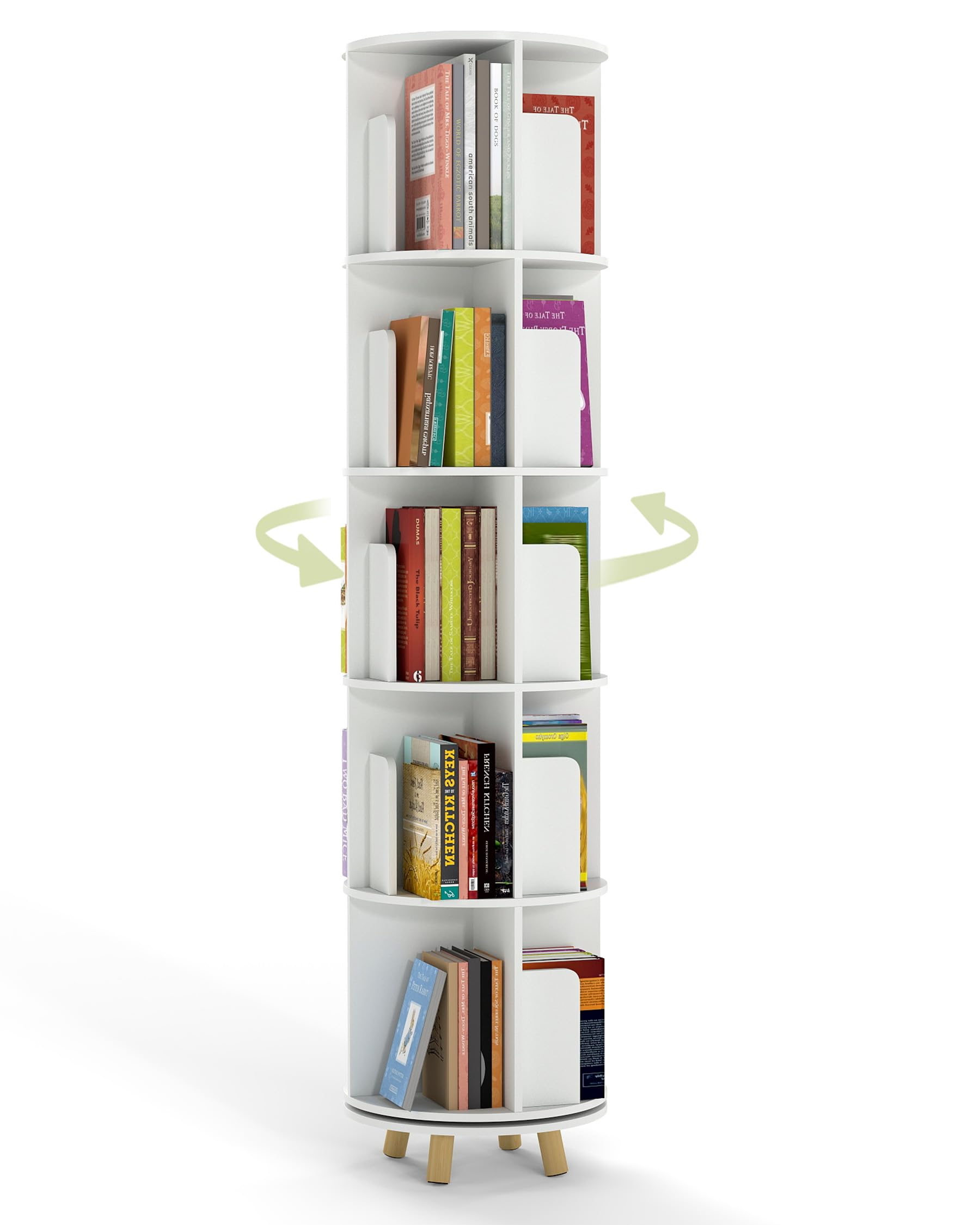 Estanteria Libros Blanca, Libreria Estanteria Giratoria de 360 Grados, Estantería Giratoria Libros con 20 Espacios Abiertos y 3 pies móviles de Madera(40 x 40 x 165 cm)