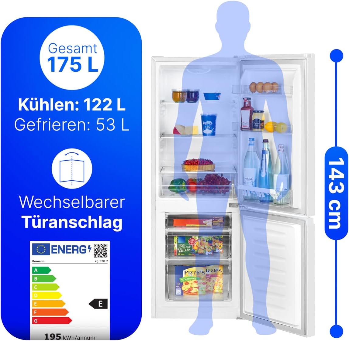 Bomann® Kühlschrank mit Gefrierfach | Energieklasse E | 143cm | Kühl Gefrierkombination le - Analyse des détails et conception