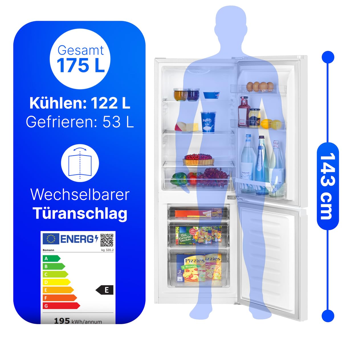 Bomann KG 320.2 Kühlschrank mit Gefrierfach 175L 143cm Energieklasse E leise 39dB weiß