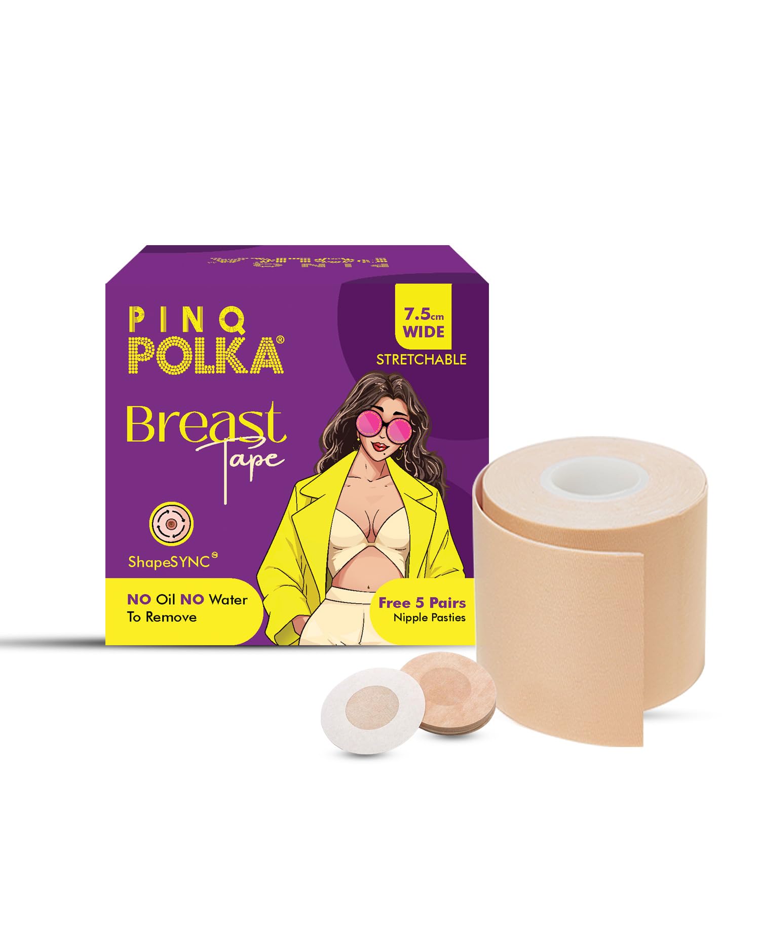 Boob Tape for Women for Breast Lift | Invisible Body Tape | boobtape Skin- Friendly Adhesive Up to 12 Hrs Sticking Capacity | Reusable Cloth Bag| 7cm Wide & 5m Long & Free 10 Nipple Pasties