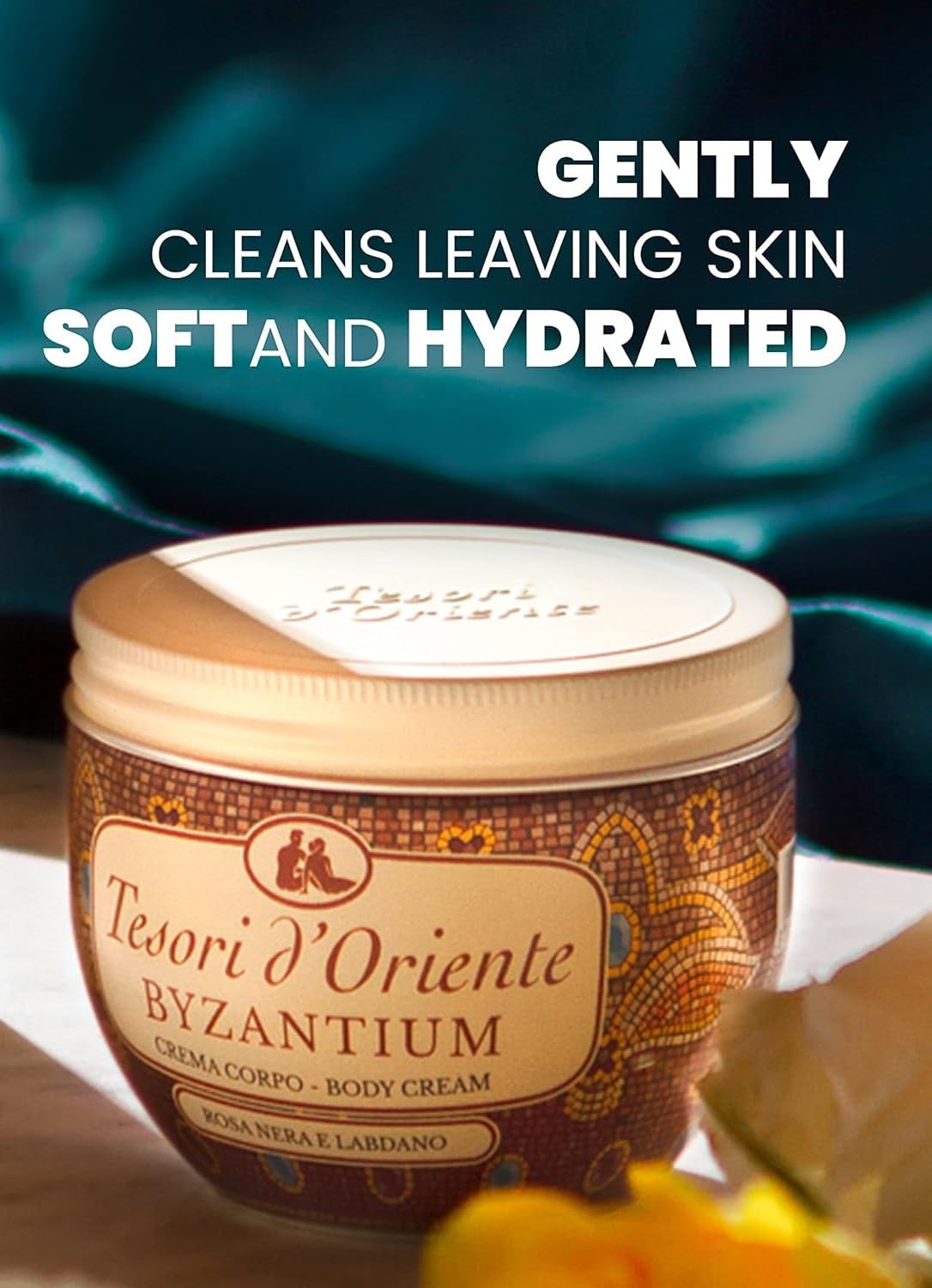 Tesori d'Oriente Crema Corpo Byzantium, 12 Stück Körpercreme, schwarze Rose und Ladanum, 300 ml + 1 Packung gratis Felce Azzurra Talk im Beutel, 100 g