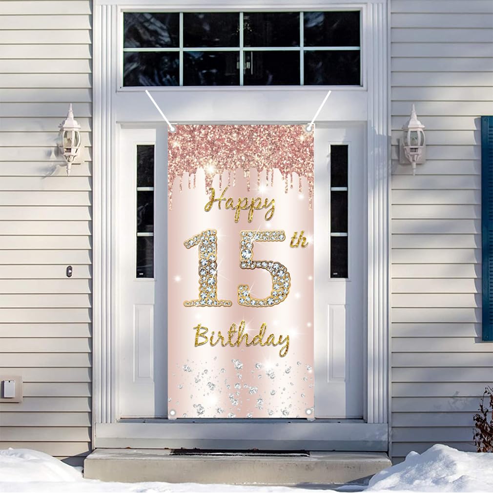 15. urodziny dziewczyna dekoracja, Happy 15th Birthday Door baner różowe złoto, 15. urodziny materiał szyld szyld plakat dekoracja drzwi, 15. urodziny tło baner, przyjęcie urodzinowe tabliczka powitalna