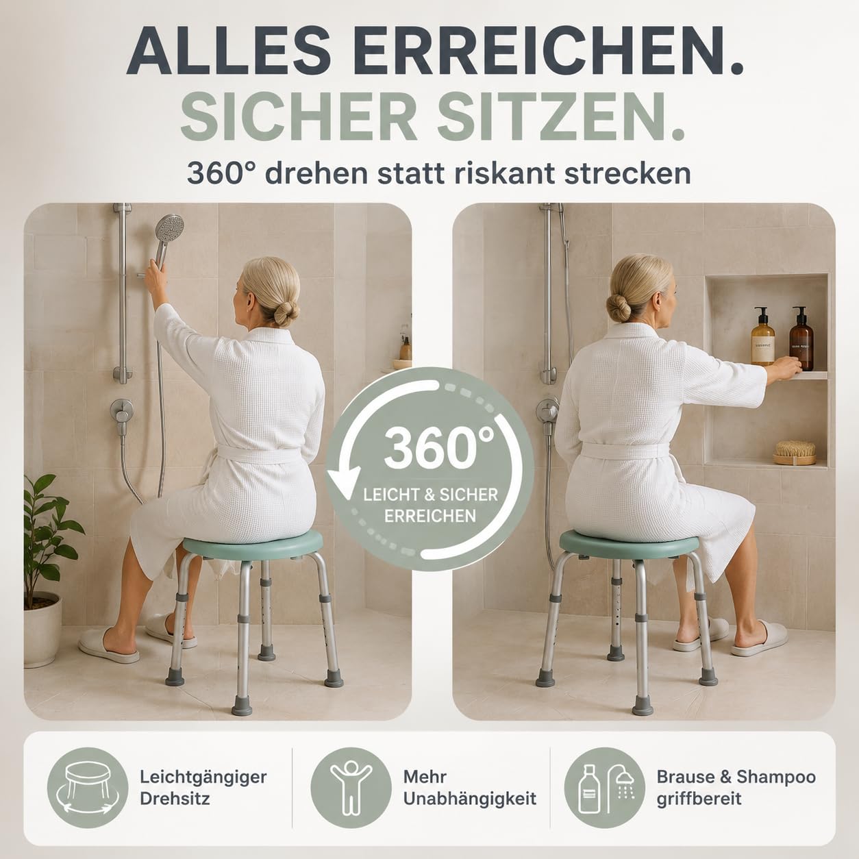 Duschhocker Duschstuhl für Senioren rutschfest | 360° drehbar mit Brausehalterung. Bis 136 kg. Höhenverstellbar. Badhocker, Hocker