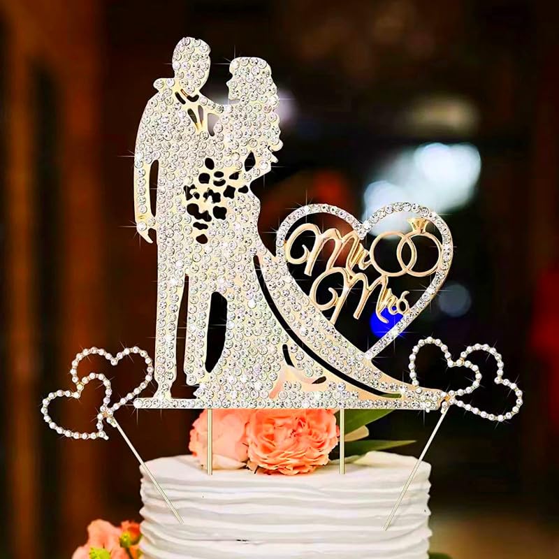 SCHOLMART Mr and Mrs Crystal Rhinestone Cake Toppers, Anniversary Party Decoration, 3 pieces