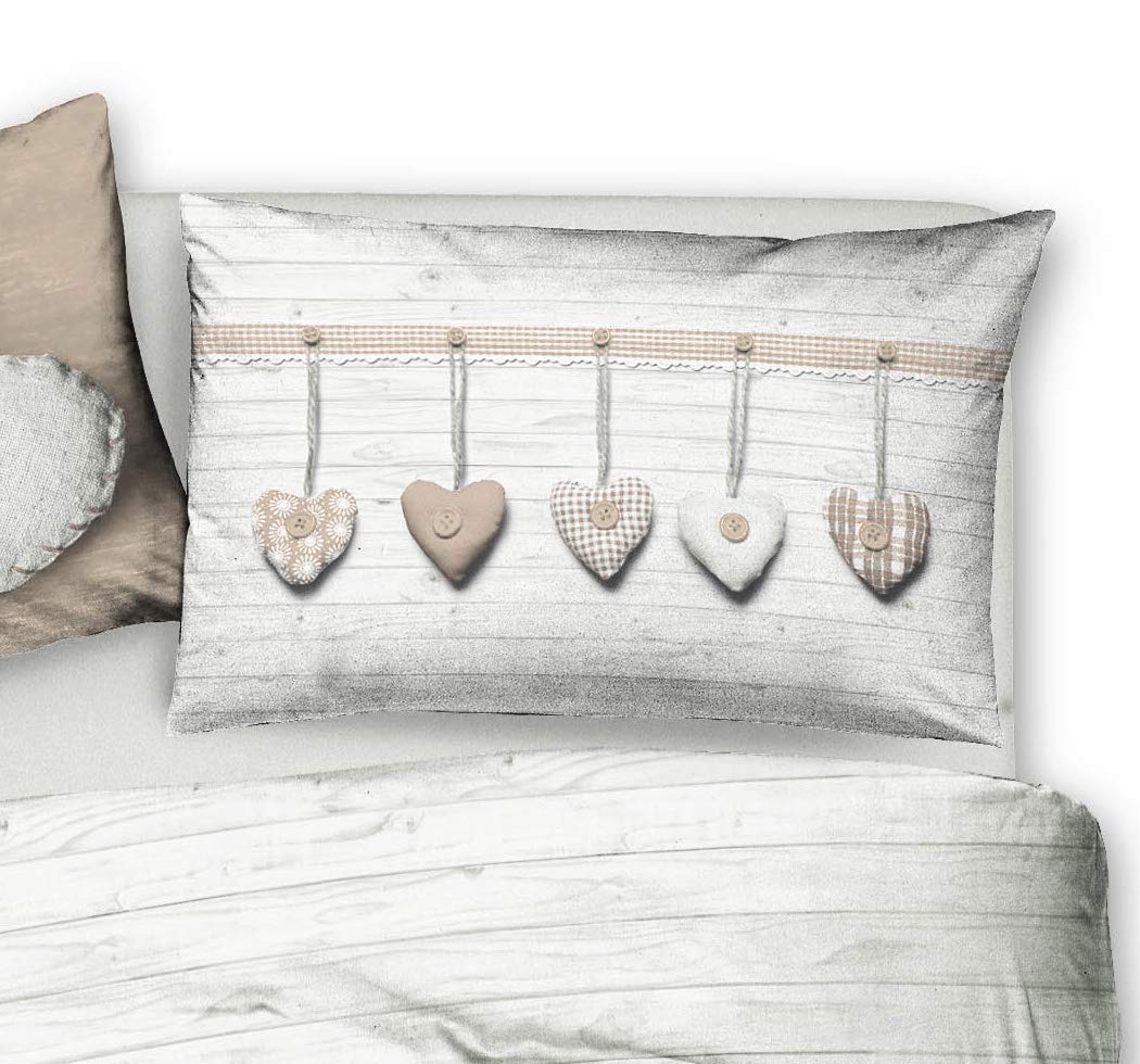Copripiumino Letto Matrimoniale HomeLife Made In Italy - Cotone Traspirante, Con Due Federe, Design Cuori Appesi Beige, Qualità Italiana