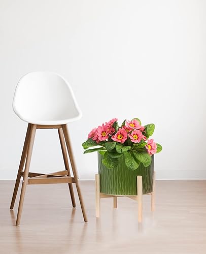 Miniatura 6 de LaDoVita Maceta de cerámica con soporte, maceta de 10 pulgadas con estante de madera, macetas redondas modernas para interiores con soporte para