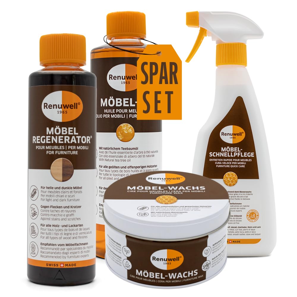 Renuwell Möbel-Regenerator, Möbel-Öl Leinöl-Firnis, Möbel-Wachs & Möbel Schnellpflege mit Bienenwachs (jeweils 500 ml) – 4-teiliges Set zur intensiven Pflege, Reinigung und Schutz von Holz