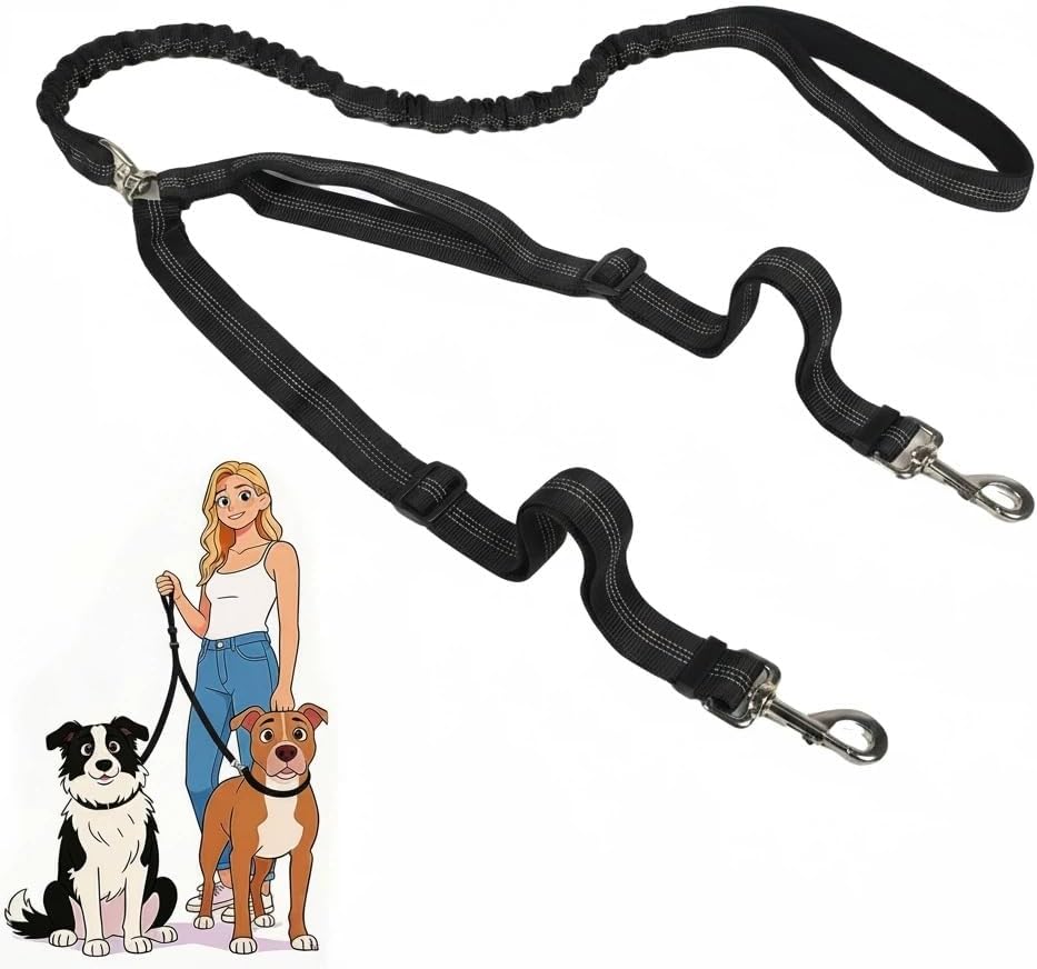 Double Leash for Two Dogs, No Tangle Bungee Dog Leash, Black | Reflective, Comfortable Padded Handles, Bungee Shock Absorbing, Two Point Control Dog Leashes
